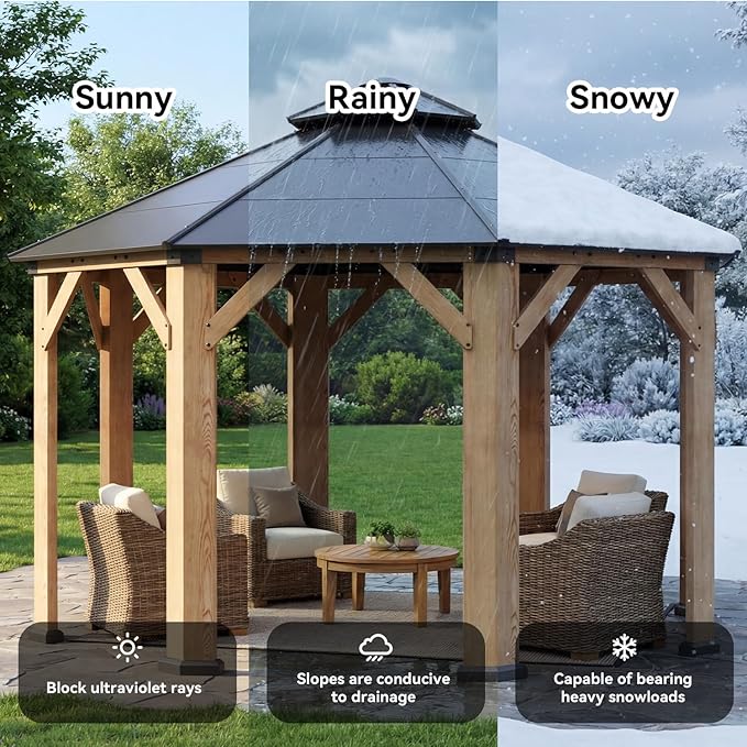 Aoxun 13' x 13' Outdoor Wood Gazebo, Hardtop Gazebo Permanent Wooden Pavilion with Galvanized Steel Double Roof, for Backyard, Garden, Poolside, Cedar Wood, Natural