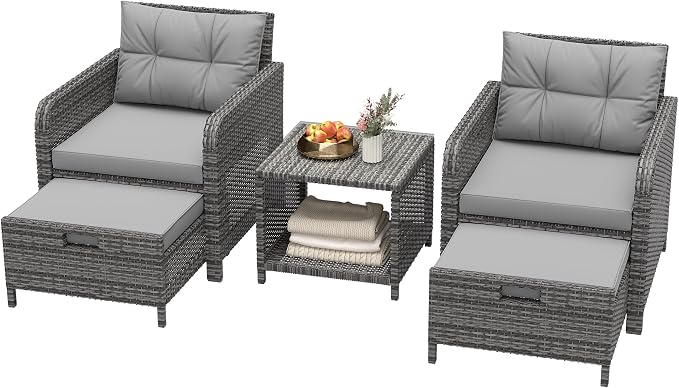 LHBcraft Outdoor Furniture 5 Piece Patio Conversation Set, PE Rattan Patio Set with Soft Cushions & Coffee Table, Outside Furniture with Hidden Ottoman for Porch, Lawn, Garden, Balcony, Grey