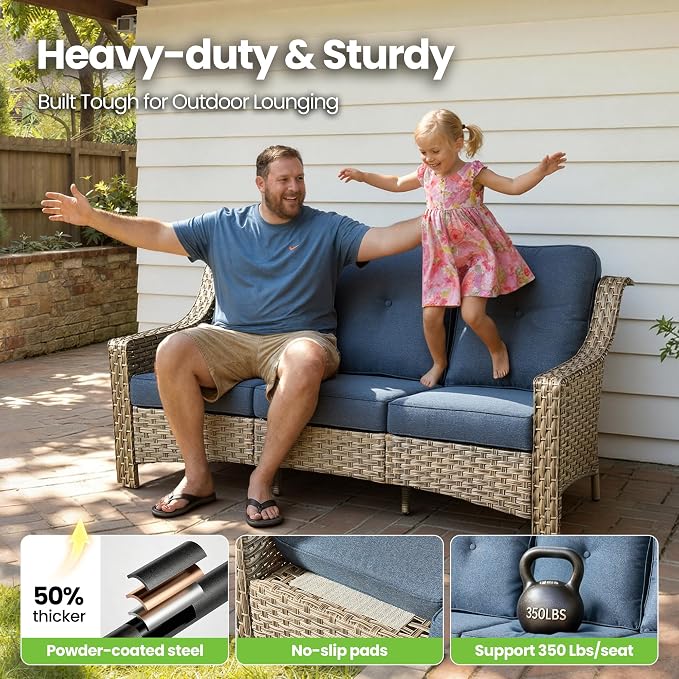 2 Piece Patio Furniture Set, Outdoor Wicker Chairs Set of 2 with Thick Cushion, Heavy Duty High Back Comfortable Chair for Small Balcony Porch Garden, Denim Blue