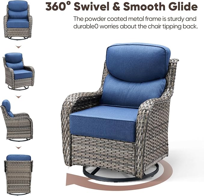 Swivel Patio Chairs sofa Set of 7 - 6" Thick Cushion - Wicker Outdoor Swivel Rocker Patio Chair ,Sofa/Glass coffee table, High Back Comfortable Outdoor Glider Chairs - Grey Wicker | Blue Cushions