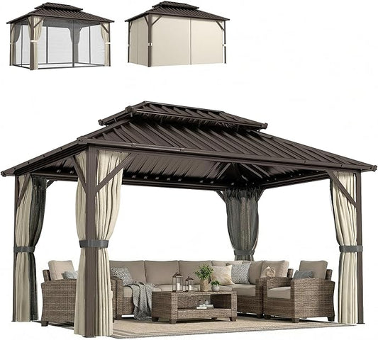 Outsunny 10' x 14' Hardtop Gazebo with UPF50+ Double Galvanized Steel Roof Canopy, Aluminum Frame Permanent Outdoor Gazebo with Curtains and Netting, Ceiling Hooks, Brown