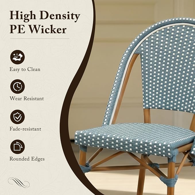 PURPLE LEAF 3-Piece French Bistro Dining Set Square Outdoor Patio Table and 2 Armless Chairs Tempered Glass Top PE Rattan Bamboo Print Finish Aluminum Frame Light Blue