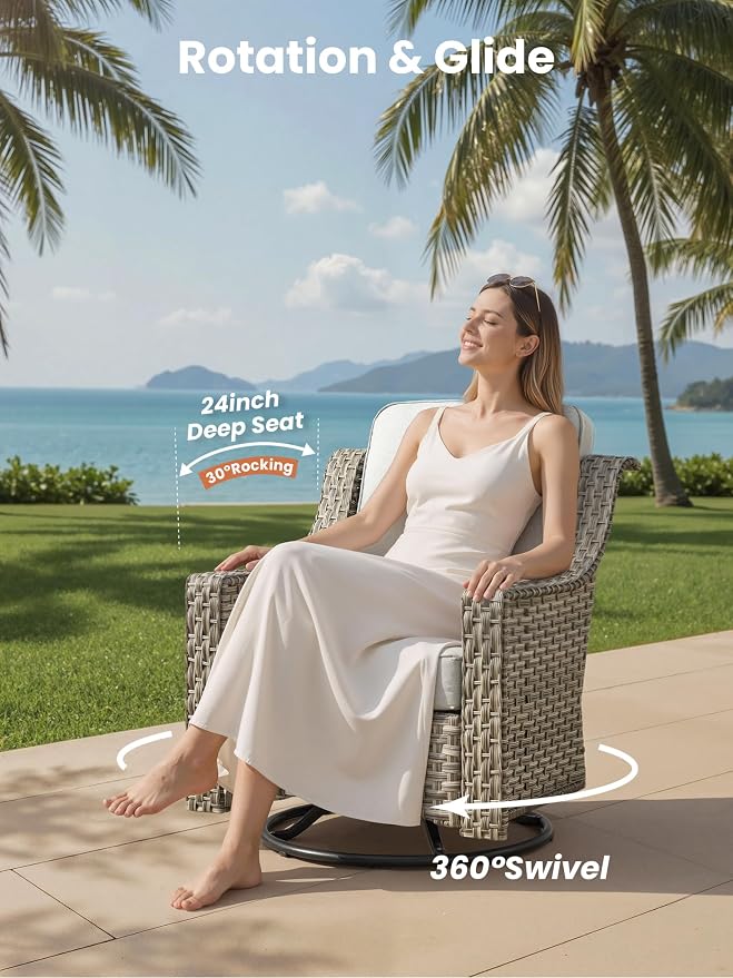 ovios 5 Piece Outdoor Patio Furniture with 3 Seat Sofa,Rattan Wicker Coversation Set with Swivel Rocking Chair,Balcony Sofa Set with Shiny Table for Outside Porch Backyard Pool, Light Grey
