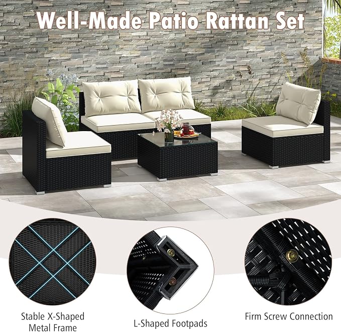 Tangkula 5 Piece Rattan Sofa Set, Patiojoy Outdoor Wicker Furniture Set with Seat & Back Cushions, Square Coffee Table, Patio Sectional Sofa Set for Backyard, Poolside, Garden