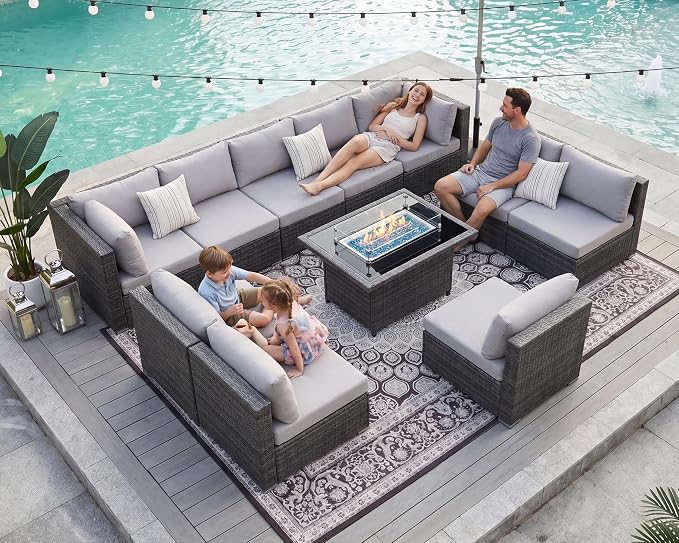 BULEXYARD 11 Piece High Back Patio Furniture Set with Fire Pit Table, Oversized Comfy Deep Wide Seat Outdoor Sectional Sofa, All-Weather Wicker Modular Conversation Couch 10-Seats for Deck, Light Grey