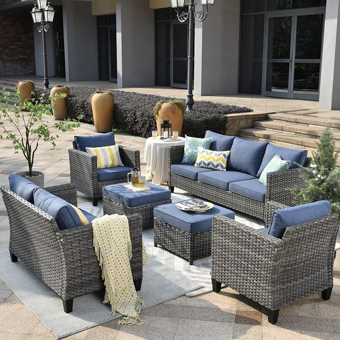 ovios 6 Pieces Patio Furniture Set, Outdoor Wicker Rattan Sofa Couch with Loveseat, Chairs, Comfy Cushions, Conversation Sets for Porch Deck Garden, Denim Blue
