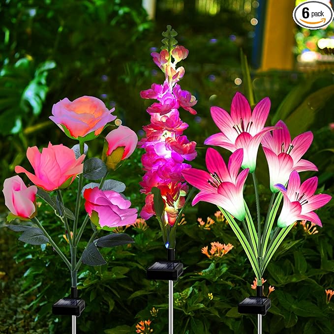 MRHEPHAESTUS Solar Garden Lights, 6 Pack Solar Flowers Lights with Lily Rose Delphinium, Waterproof Gardening Gifts for Mom Grandma Women,Multi-Color Changing Outdoor Light for Garden Yard Patio Lawn