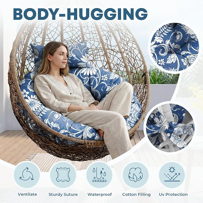 Outdoor Round Egg Chair Cushion Replacement, Waterproof 45" L x 45" W Thicken Hanging Swing Egg Chair Cushions with Headrest Pillow, Soft Wicker Basket Eggs Chairs Pad for Garden Offices (Blue Rose)