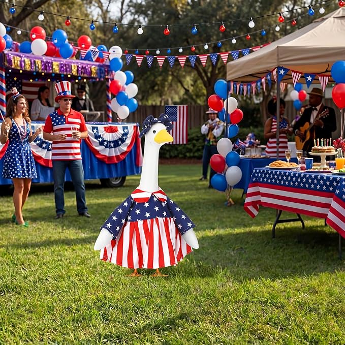 Abbylike 4th of July Porch Goose Outfit Patriotic Goose Outfit 250th Red White and Blue Yard Geese Costume Clothes Fits Large 23'' Cement Statue for Independence Day Patio Garden Art Decoration