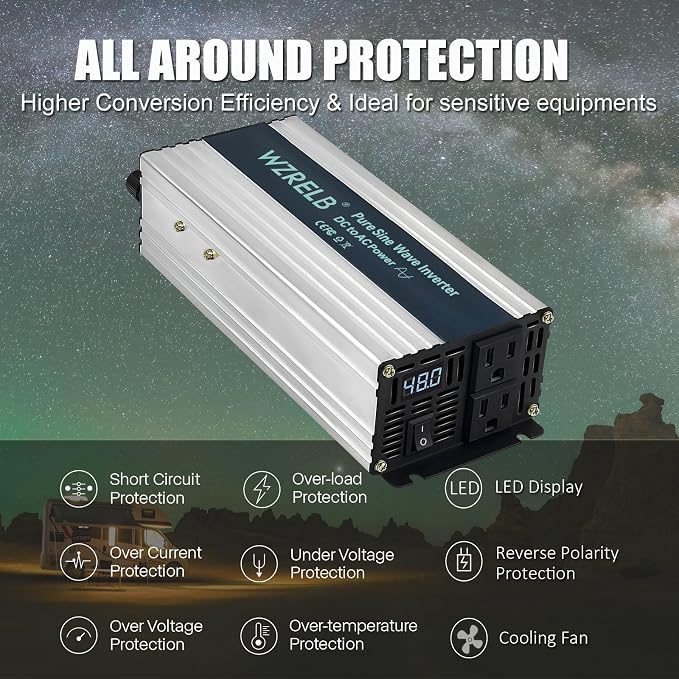 WZRELB 1200W Pure Sine Wave Inverter 48V DC to 110V 120V AC Power Converter with LED Display, Remote Controller, Off-Grid Power Inverter 2400W Surge for Home, RV, Truck, Camping