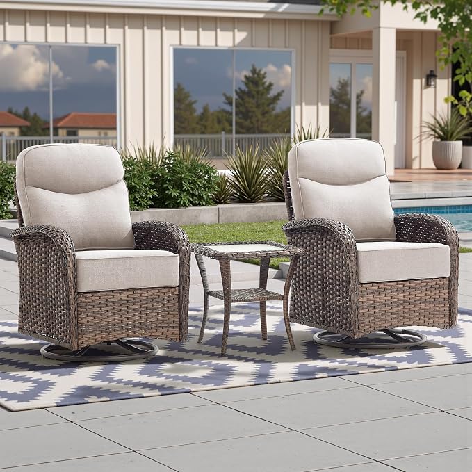 Luxury 6-Inch Cushion Outdoor Swivel Rocker Patio Chairs with Side Table, High Back Wicker Patio Furniture Set for Deck Porch Garden Balcony and Poolside Beige Cushion
