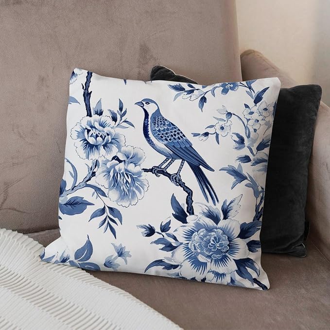 Blue Indigo Floral Chinoiserie Cushion Cases Asian Navy Lotus Bird Pillowcase 16x16 INAbstract Accent Square Couch Sofa Cushion Covers for Patio Funiture Garden