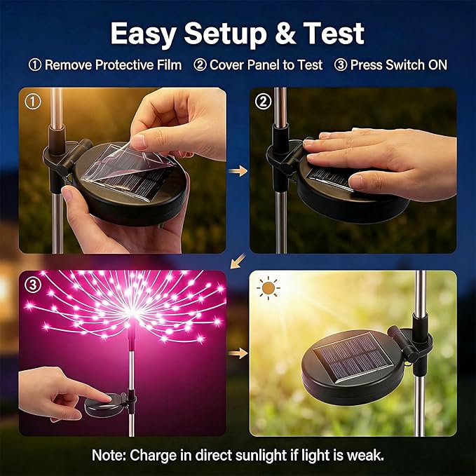 Solar Firework Lights Outdoor, 200 LED Starburst Garden Lights, Adjustable Height 2/3-Rod up to 51in, Stainless Steel, 2 Lighting Modes, IP65 Waterproof Pathway Light for Yard Patio Lawn