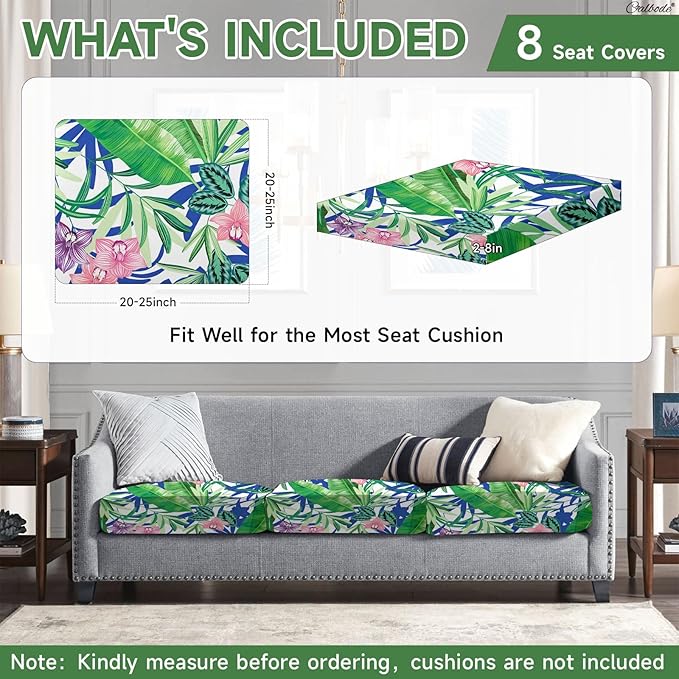 CALBODE 8 Pcs Outdoor Seat Cushion Covers, Stretch Chair Seat Cover for Patio Furniture Cushions Washable Reusable Indoor and Outdoor Couch Cover Replacement (Tropical Plant, Cover Only)