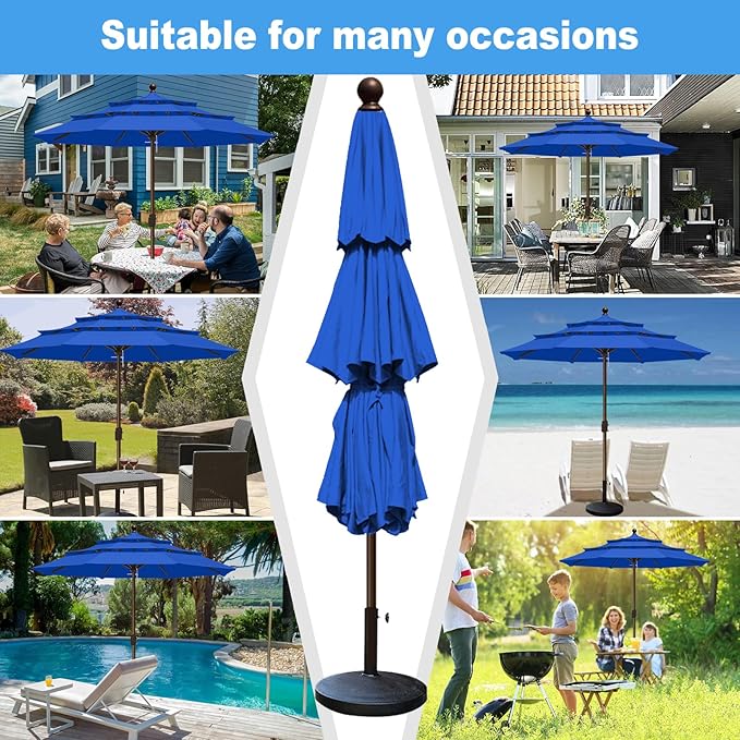 Eurmax USA 10-Year-Non-Fading 10FT 3-Tier Outdoor Patio Market Umbrella,UPF50+ UV Resistant,Heavy Duty Commercial Grade,Crank Lift Design,Windproof Vented Top for Garden,Pool,Deck,Pacific Blue