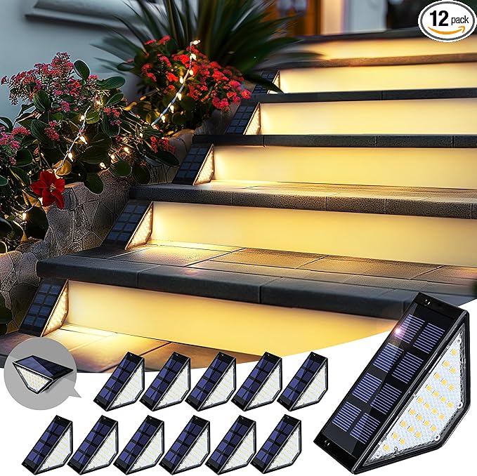 PATIOWIN Solar Step Lights for Outside,24 LEDs Solar Stair Lights Waterproof IP65,Solar Deck Lights Outdoor for Yard, Porch, Front Door, Stair, Step, Patio, Deck(12 Pack, Warm White)