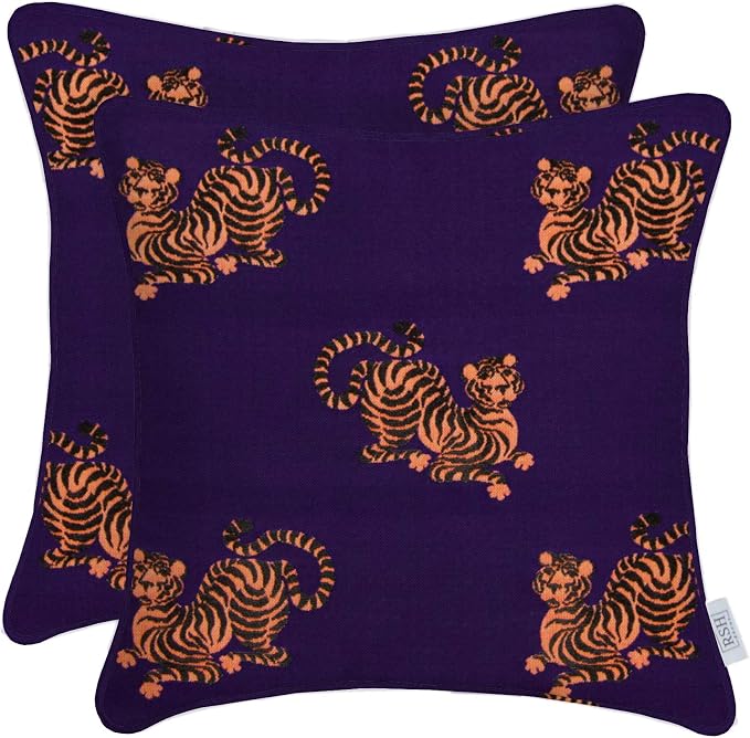 RSH DECOR: Sunbrella Corded Square Throw Pillows Set of 2 | 20" x 20" | Water and Fade-Resistant Performance Fabric | Outdoor Pillow Covers with Down-Alternative Inserts | Retro Purple Tiger