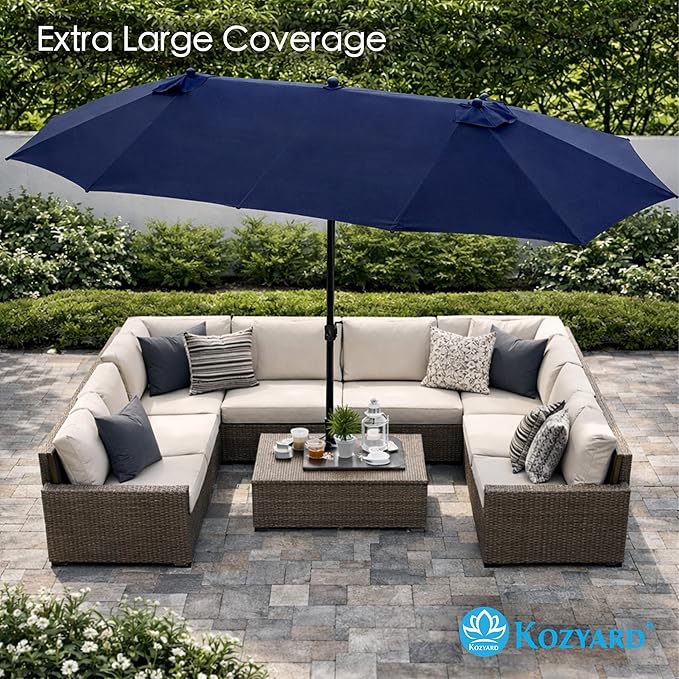 Kozyard 15 FT Rectangular Double-Sided Patio Umbrella with Solar Lights, Outdoor Patio Umbrella with Crank Lift, Base Included, UV-Resistant for Pool, Backyard & Garden NavyBlue