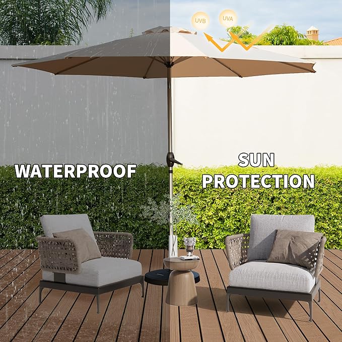Domi 10FT Patio Umbrella, Outdoor Table Umbrella with Aluminum Pole, UV Protection Waterproof Market Sun Umbrella with Push Button Tilt and Crank for Garden, Deck, Backyard, Pool (Beige)