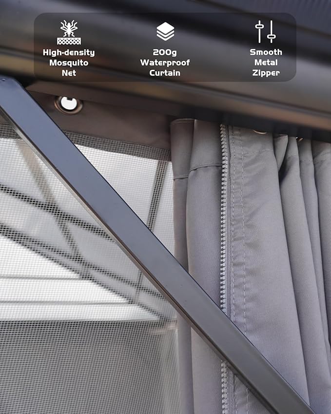 12x14 Gazebo Hardtop, Aluminum Frame Gazebos with Galvanized Steel Double Roof, Mosquito Net & Privacy Curtain,for Patio, Porch, Garden, Lawn, Deck, Backyard