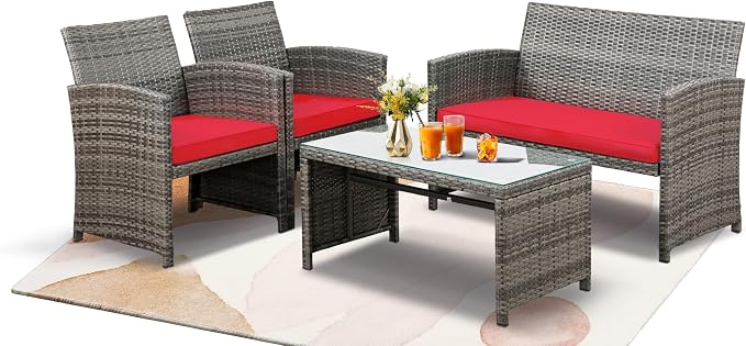 SUNLEI 4 Pcs Outdoor Patio Furniture Sets, Rattan Chair Wicker Conversation Set, Backyard Porch Garden Poolside Gray Rattan Sofa Chair with Cushion for Outdoor Indoor Use (Red)