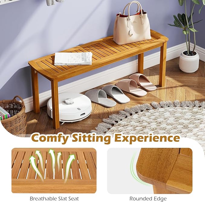 HAPPYGRILL 3 Pieces Acacia Wood Outdoor Dining Set for 4 People, Patio Table & Bench Set with Umbrella Hole, Outside Picnic Furniture