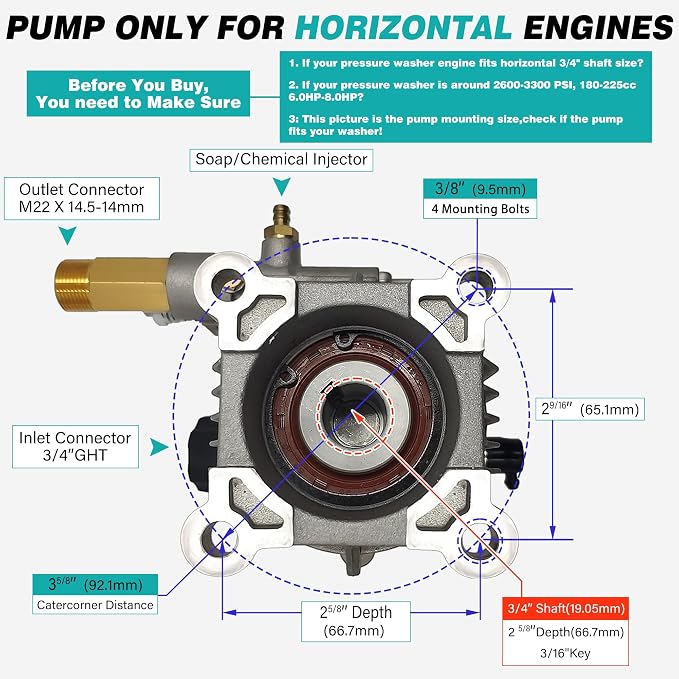 2600-3300 psi Pressure Washer Pump 3/4" Shaft Horizontal Max 3300 PSI 2.5 GPM Replacement Pump,Compatible with Honda, Simpson and More Gas Washer