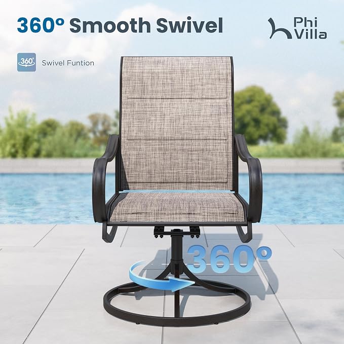 PHI VILLA Outdoor Dining Set for 6 with Beige Umbrella & Swivel Chairs | Padded textilene, High back & Ergonomic, Rectangular metal table, Weather-resistant, Patio backyard deck, No Umbrella Base