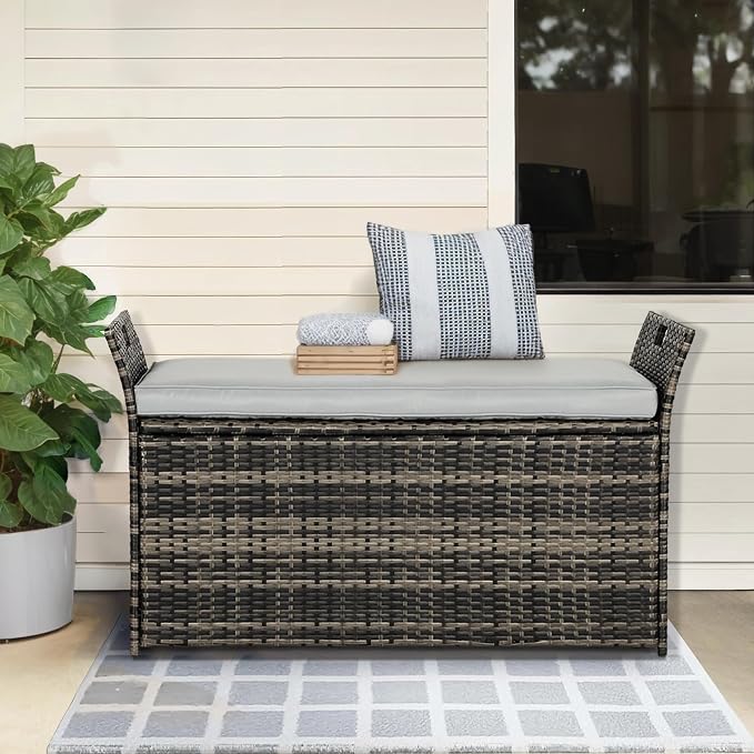 Crownland 80 Gallon Outdoor Storage Bench with Cushion, Outdoor Wicker Storage Box, Patio Deck Box with Seat, for Garden, Balcony, Poolside (Grey)