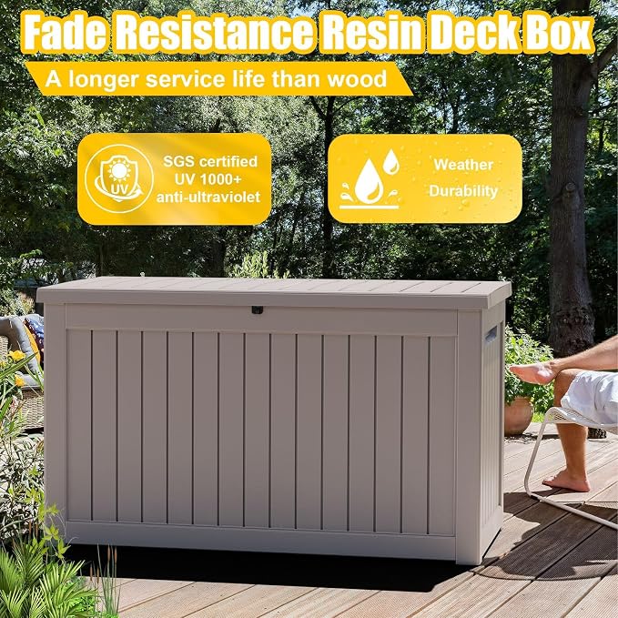 PatioZen 280 Gallon Resin Deck Box, Lockable Outdoor Storage Box for Patio Cushions Storage Furniture,Garden Tools, Pool Supplies, Weatherproof and UV Resistant (Grey)