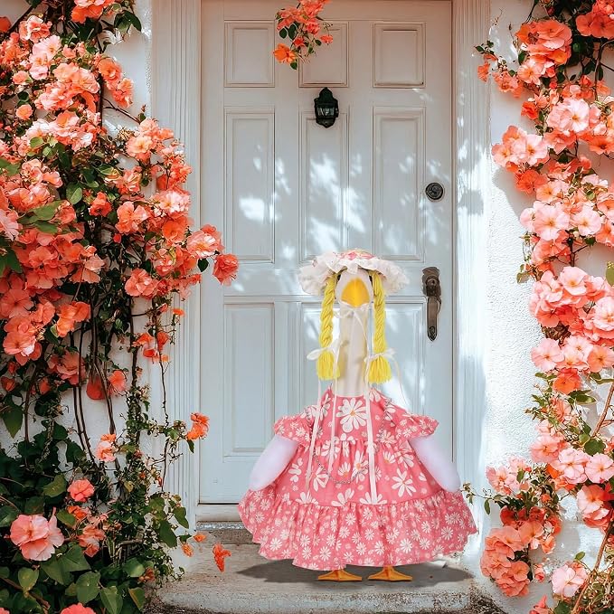 Spring Summer Pink Daisy Porch Goose Outfit for 23'' Goose Clothes Bee Pink Skirt with Hat for Spring Summer Outdoor Garden Yard Patio Lawn Decor(Daisy)