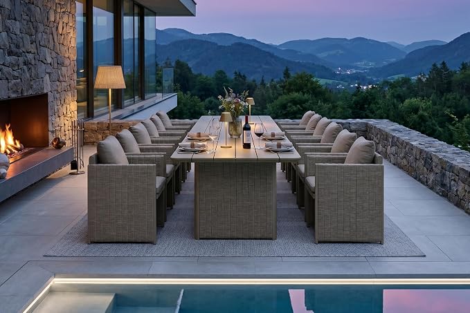 PURPLE LEAF Luxury 12-Person Outdoor Dining Set 189-Inch Aluminum Patio Table with Handwoven Olefin Rope Chairs, Cushioned Seating for Large Gatherings, Estate Patio and Poolside Entertaining Beige