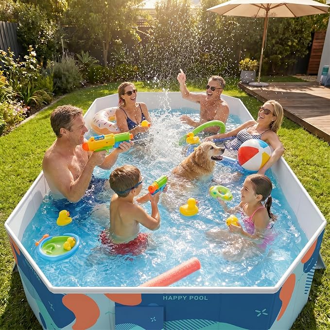 113" Foldable Pool for Adults & Kids, Large Capacity Non Inflatable Pool, Portable Hard-Side Foldable Swimming Pool, Above Ground Pool for Indoor Outdoor Backyard, Garden & Patio (Delft Blue)