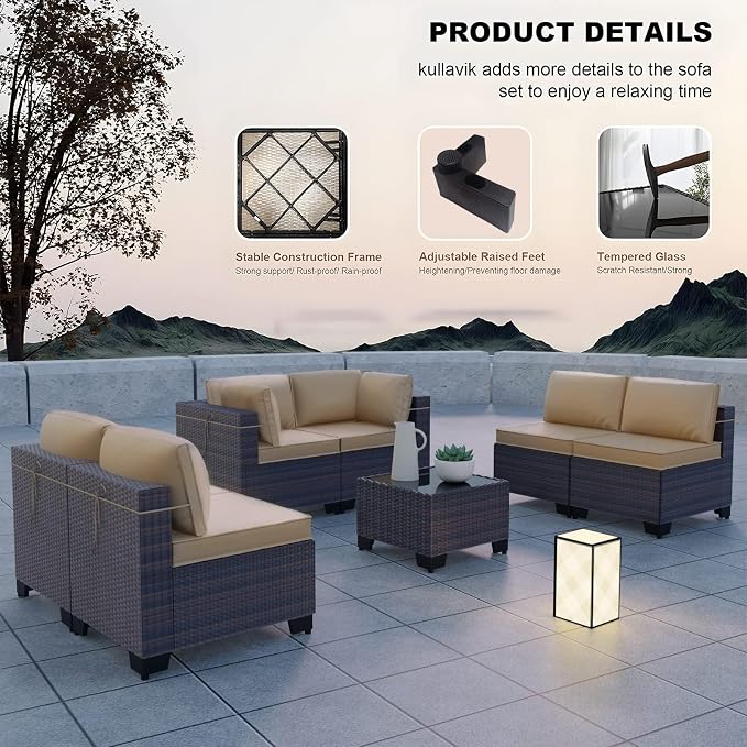 Kullavik 12PCS Outdoor Patio Furniture Set,PE Wicker Rattan Sectional Sofa Patio Conversation Sets with Tempered Glass Table,Swivel Rocking Chairs Set,Sand