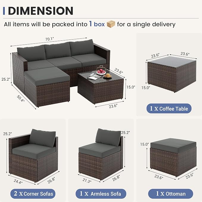 UDPATIO 5 Piece Patio Furniture Set, All-Weather Wicker Outdoor Sectional Sofa,Rattan L Shaped Outdoor Conversation Patio Sectional with Ottoman, Glass Table for Balcony Porch Backyard,Grey