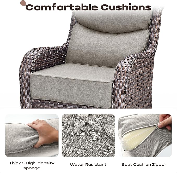 Rilyson Outdoor Patio Furniture Set - Weather Resistant Wicker,High Back,6 inch Cushions,3 Piece Patio Bistro Set with Swivel Rocker Chairs and Side Table for Deck Porch Yard,Brown/Beige