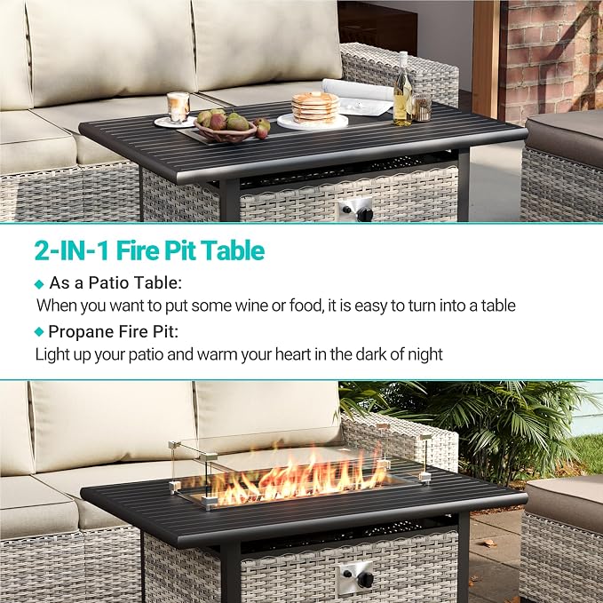 11-Piece Outdoor Patio Furniture Set with Rocking Swivel Chair Wicker Sectional Sofa Set, Patio Conversation Set with Ottomans & Coffee Table for Garden, Backyard, Poolside, White