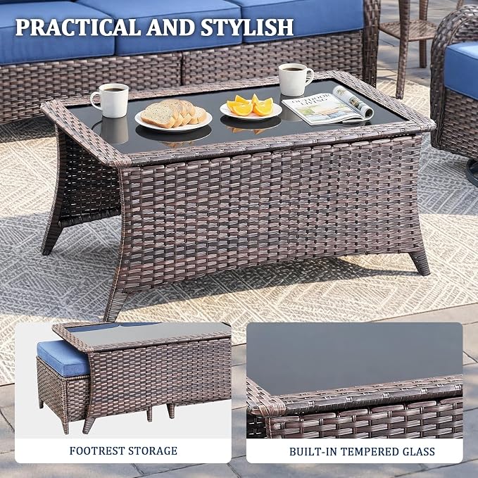 Luxury Swivel Rocker Chair Sofa Set with 6" Thick Cushions,8-Piece Wicker Patio Chair with Coffee Table and Ottoman,Outdoor Comfortable High Back Chair Patio Furniture Set - Brown | Blue