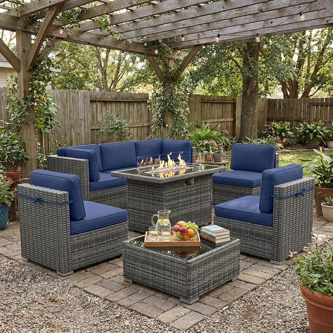 LayinSun 8 Piece Patio Furniture Set with 44" Propane Gas Fire Pit Table, Outdoor Sectional Conversation Set Wicker Rattan Sofa Set with Coffee Table