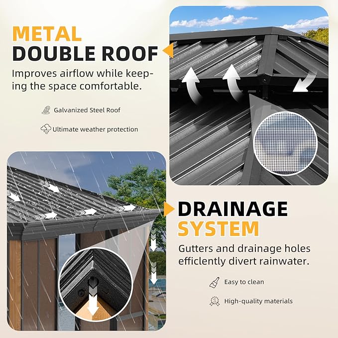 EROMMY 12' X 20' Hardtop Sunroom, Galvanized Steel Double Roof Gazebo Solarium with Wood Grain Aluminum Frame & Detachable Windows, All-Weather Sun Room for Patio Deck Backyard