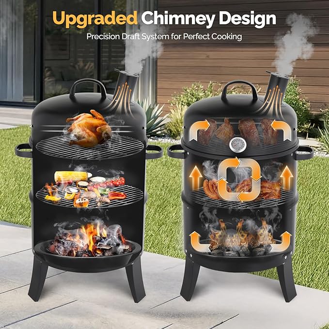 ROVSUN Upgraded 18 Inch Multi-Layer Charcoal Smoker Grill with Chimney, Heavy Duty Round Grill, Vertical Smoker with Thermometer, for Outdoor Cooking, Patio, Parties, Backyard BBQ