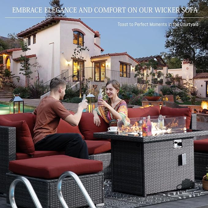 BULEXYARD Large High Back Grey Rattan Patio Furniture Set with Propane/Gas Fire Pit Table, Luxury Deep Wide Seat Outdoor Sectional Sofa, Modern Wicker Modular Conversation Couch (11Pcs-A, Dark Red)