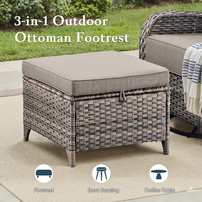 Belord Luxury 6" Thick Cushioned 10 Pieces Patio Furniture Set with Fire Pit Table, Wicker Outdoor Conversation Set with High Back Swivel Rocker Chairs for Deck Porch Yard and Poolside - Grey+Grey