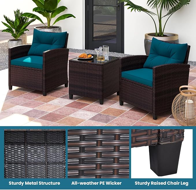 ORALNER 3 Pieces Patio Furniture Set, Outdoor Wicker Conversation Set Rattan Chairs with Cushions, Glass Coffee Table, Bistro Set for Front Porch Balcony Garden Deck Poolside (Peacock Blue)