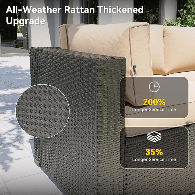 Aoxun Patio Furniture Set with Umbrella, 8 Piece Outdoor Sectional Sofas, Wicker Rattan Outdoor Furniture with Thickened Cushion for Backyard, Garden Beige