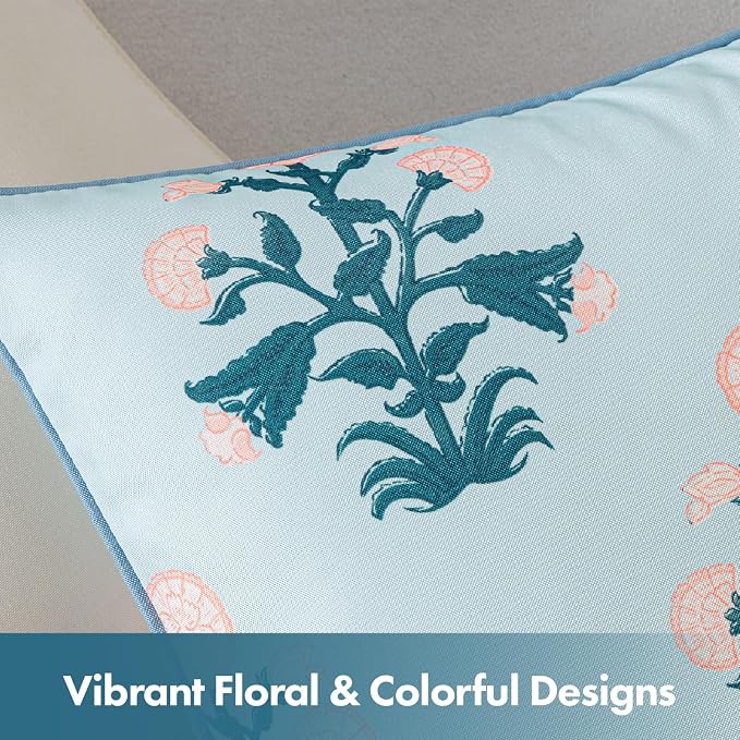 MIULEE Floral Outdoor Lumbar Pillow Covers with Inserts 12x20 Blue Pink | Set of 2 Waterproof Decorative Throw Pillows with Piping,Vintage Fade Resistant, Patio Furniture Summer Garden Couch Sofa