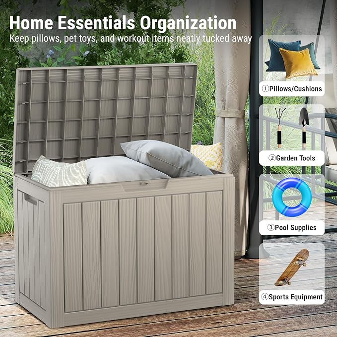Mars Villa 45 Gallon Deck Box, Waterproof Weatherproof and UV Resistant Resin Deck Storage Box, Ideal for Indoor, Outdoor, Patio Furniture Pillows, Pool Supplies, Gardening Tools, Grey