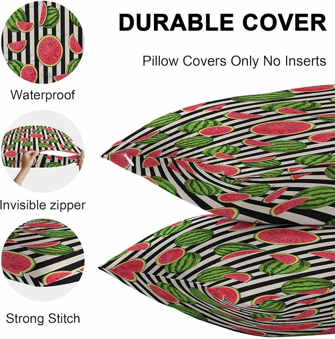 Vandarllin Outdoor Throw Pillows Covers 24x24 inch Set of 2 Waterproof Watermelon Decorative Zippered Cushion Covers for Patio Furniture, Summer Fruit Black Stripes Lumbar Pillowcases