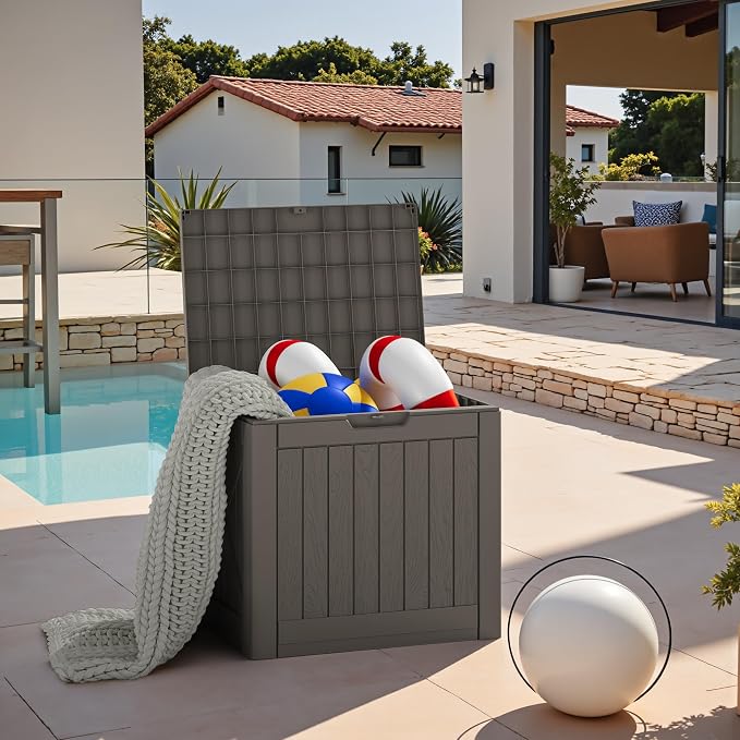 JUMMICO 42 Gallon Deck Box Waterproof, Resin Outdoor Storage Box with Side Handles, Outdoor Storage Benches Lockable for Patio Cushions and Garden Tools (Brown)