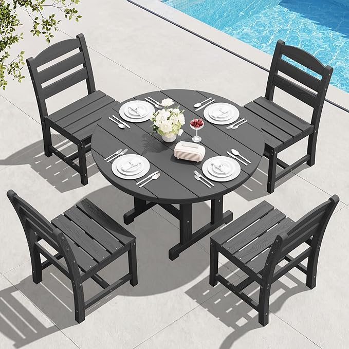 SERWALL 5-Piece Patio Dining Sets, HDPE Outdoor Table and Chairs Furniture Set, 45" Round Dining Table and 4 Armless Dining Chairs, Gray